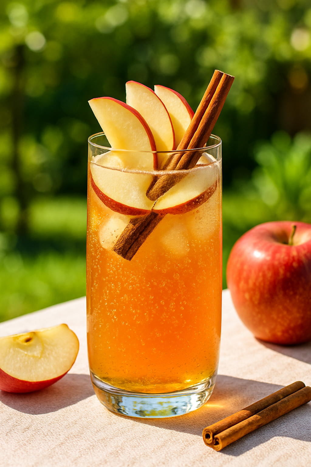 A refreshing apple cinnamon sparkler mocktail with apple slices and cinnamon sticks.