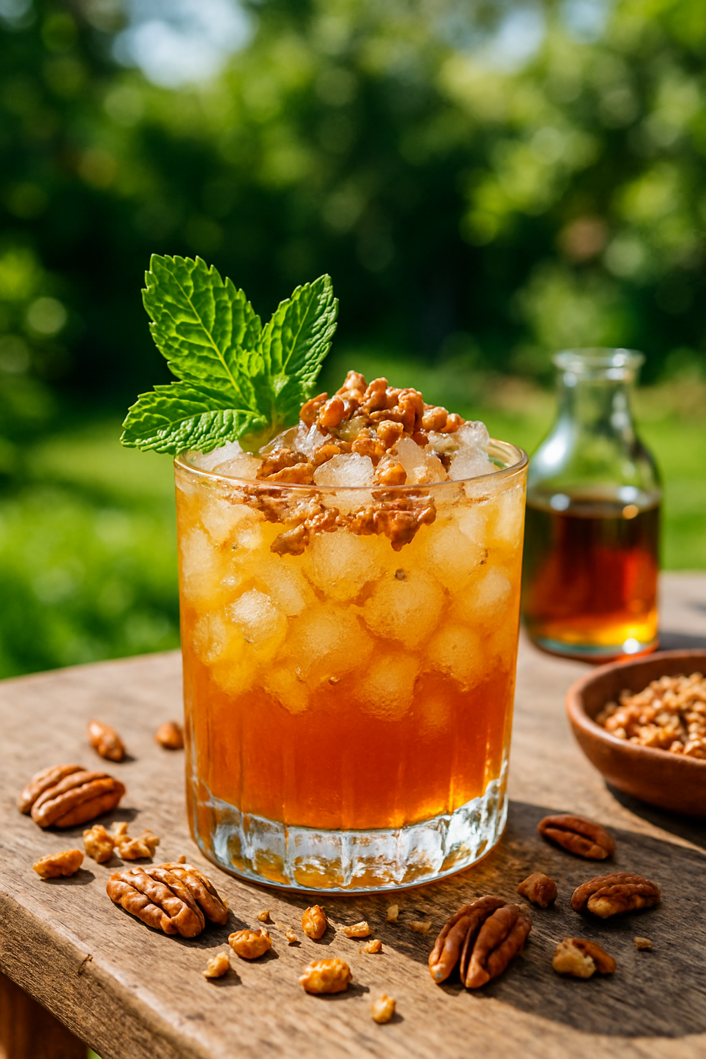 A refreshing Maple Pecan Smash mocktail garnished with mint and pecans.