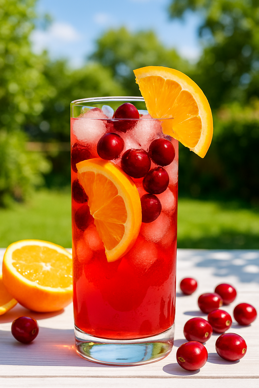 A refreshing cranberry citrus spritzer mocktail garnished with orange slices and cranberries.