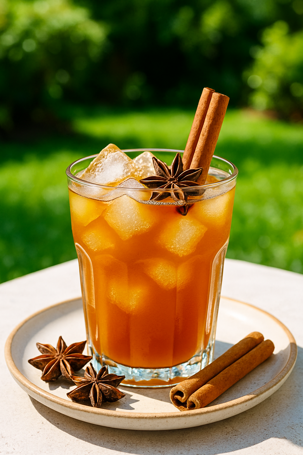 A glass of iced chai herbal tea garnished with cinnamon sticks and star anise.
