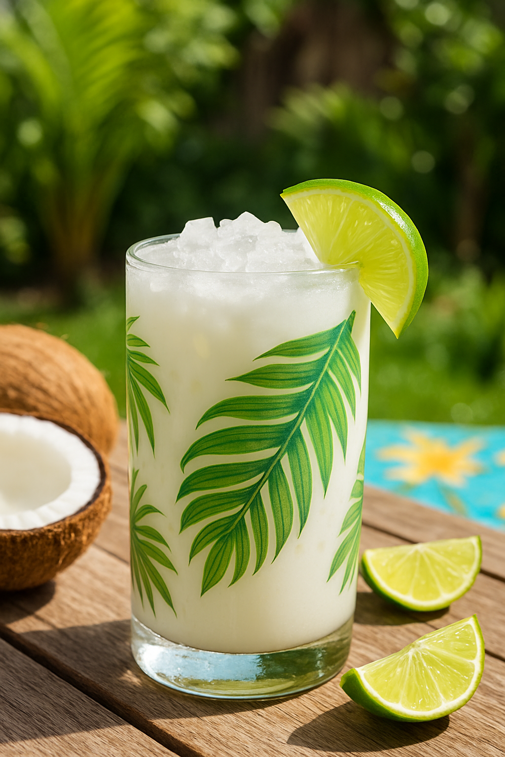 A refreshing coconut lime mocktail with ice and lime garnish.