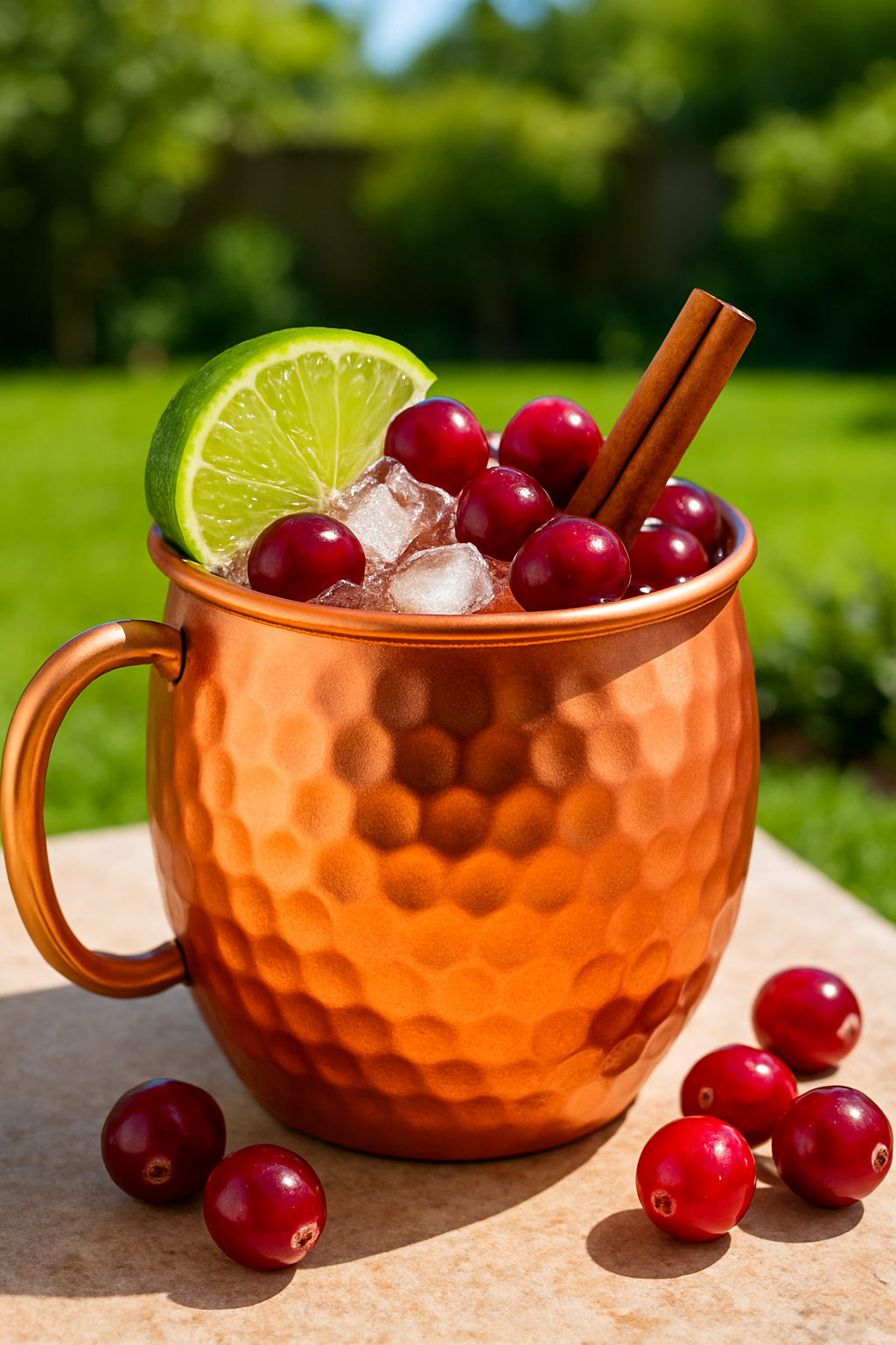 A refreshing Spiced Cranberry Mule mocktail in a copper mug, garnished with fresh cranberries, a lime slice, and a cinnamon stick.